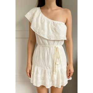 MAETTE White Lace One Shoulder Ruffle Tiered Boho Mini Dress Size M